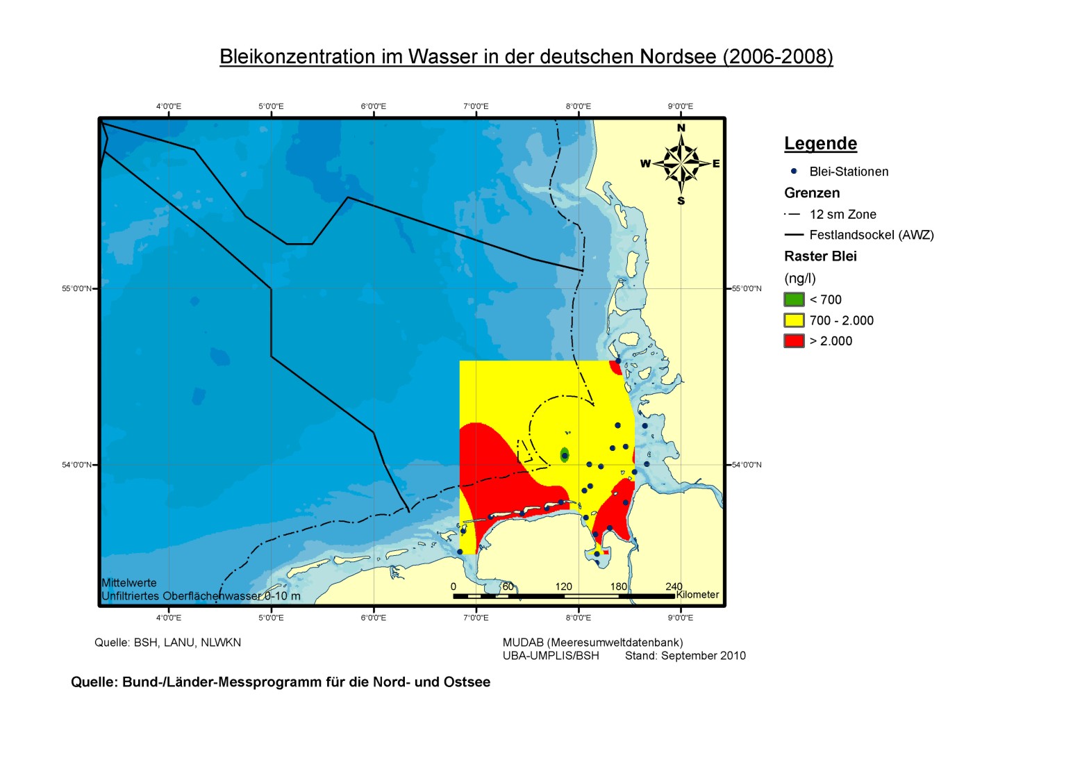 Von Blei wurden in den Jahren 2006 bis 2008 vor allem im küstennahen Wasser häufig hohe Gehalte gemessen.