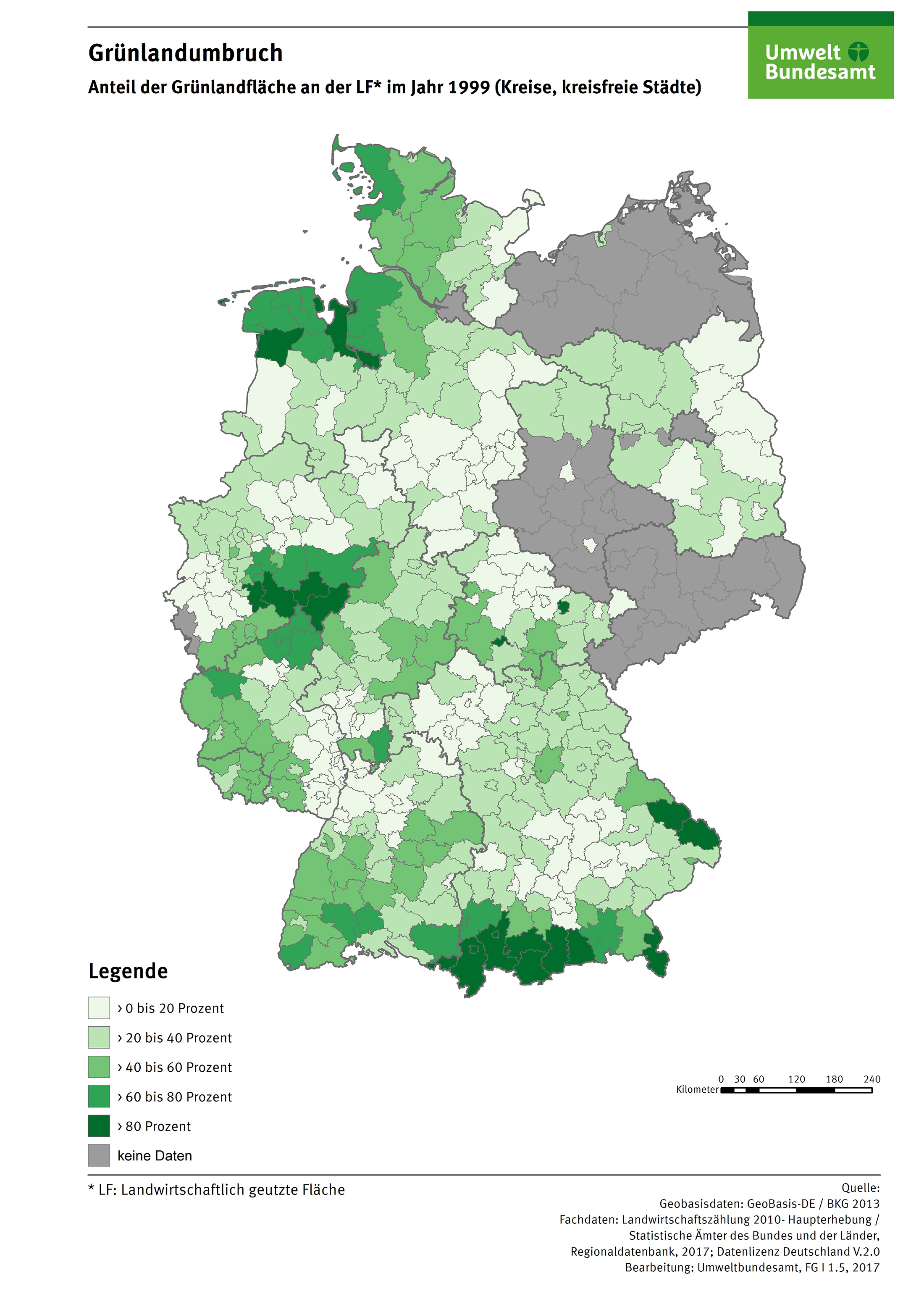 Die Karte zeigt den prozentualen Anteil der Grünlandfläche an der landwirtschaftlich genutzten Fläche im Jahr 1999 auf Landkreisebene. Die höchsten Grünlandanteile gibt es im Allgäu, im Bayerischen Wald, im Sauerland und in Ostfriesland.