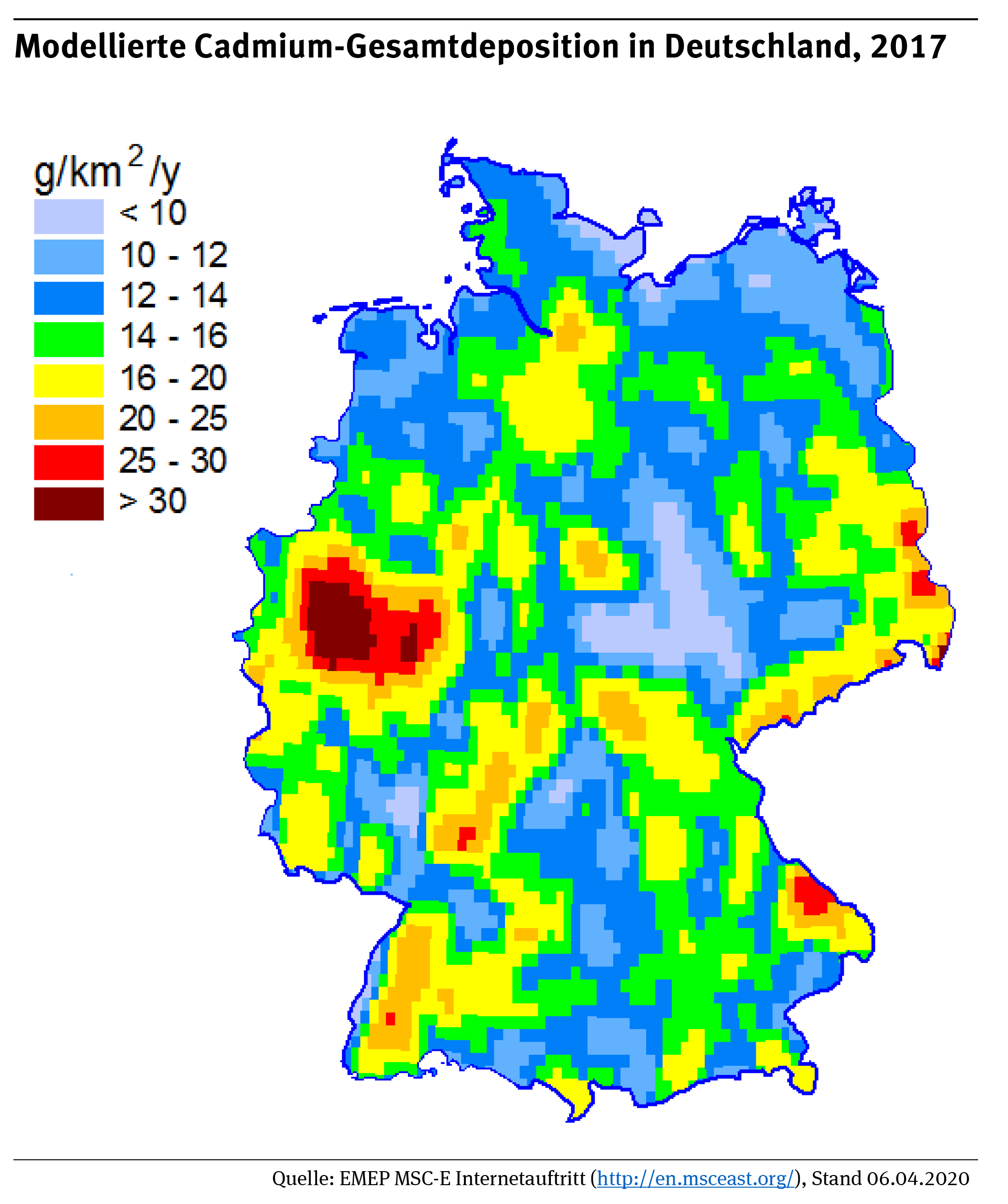 Die Karte zeigt: die Cadmium-Gesamtdepositionen in Deutschland lagen in 2017 größtenteils im Bereich von 20 bis 60 g Cd/km².