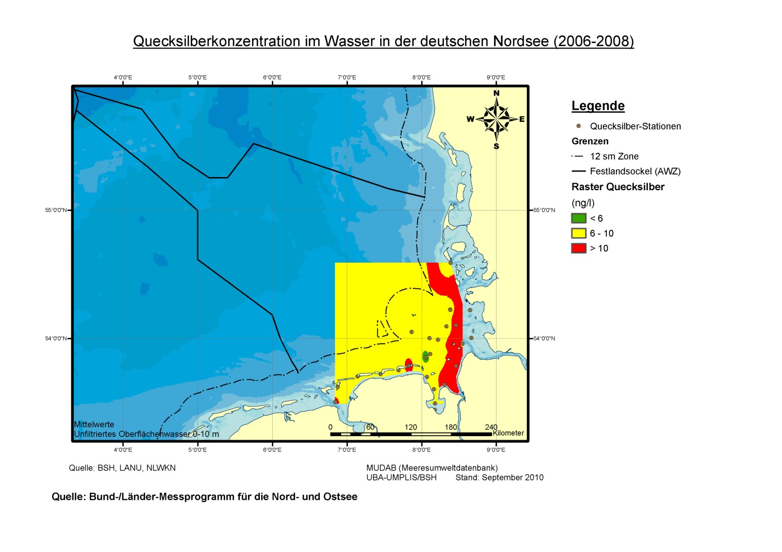 Erhöhte Quecksilberkonzentrationen wurden in den Jahren 2006 bis 2008 vor allem im Bereich der Elbe-Abflussfahne gemessen. Die Konzentration betrug dort mehr als zehn Nanogramm Quecksilber pro Liter Wasser.