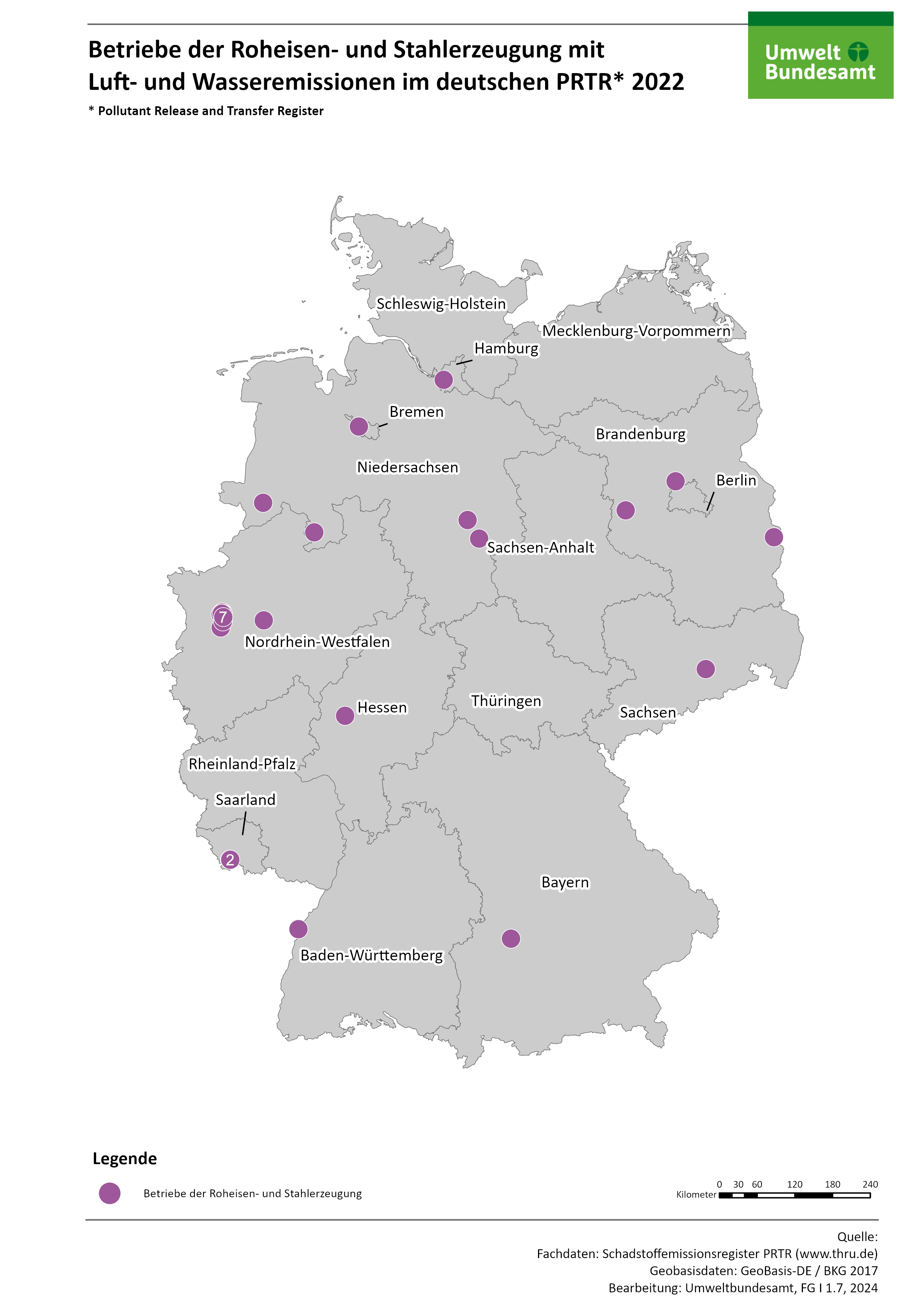 Die Karte zeigt die räumliche Verteilung der berichtspflichtigen PRTR-Betriebe der Roheisen- und Stahlerzeugung im Jahr 2022. Die meisten dieser Betriebe liegen im Bundesland Nordrhein-Westfalen.