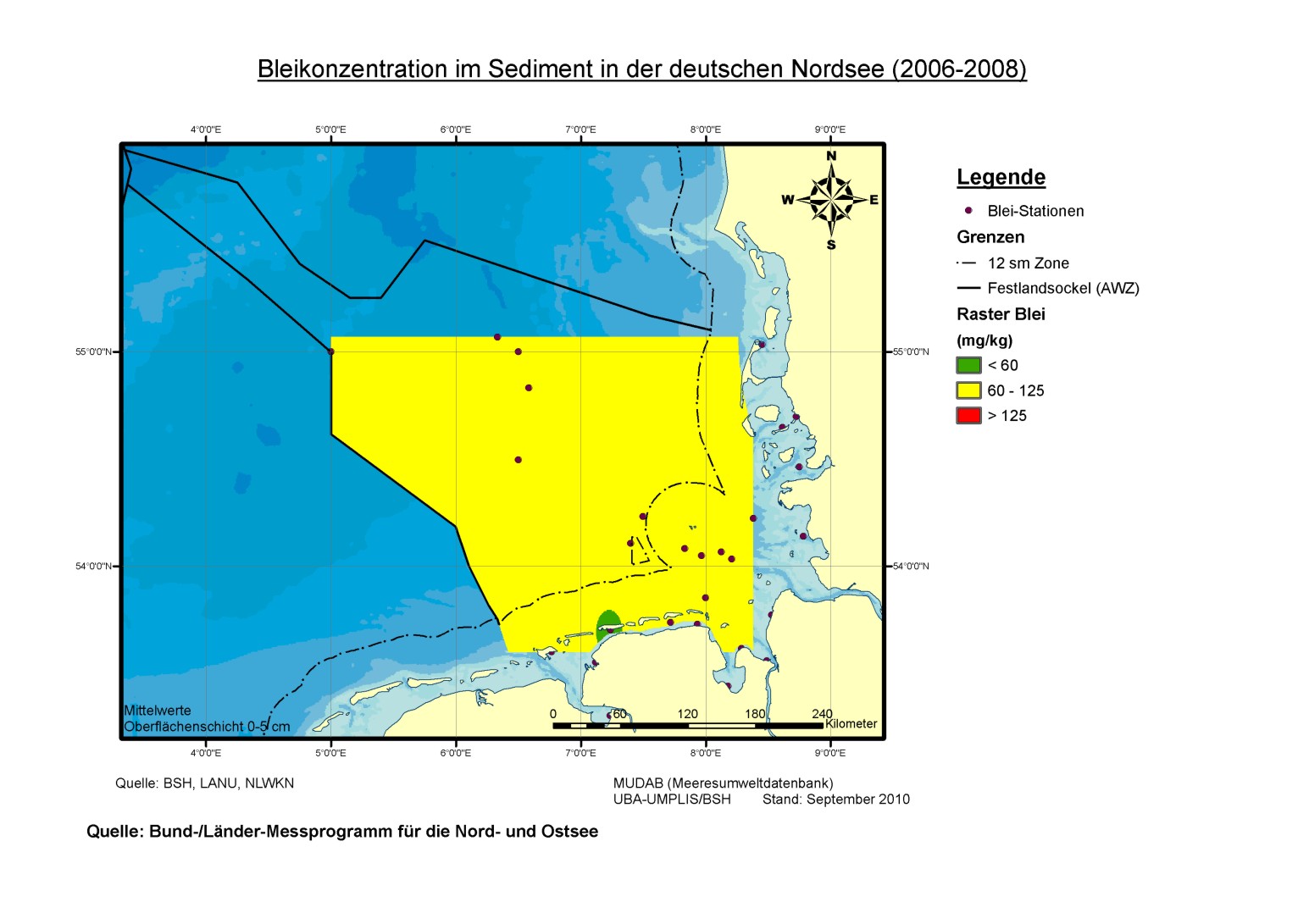 In einem Kilogramm Sediment (Trockengewicht) der Nordsee wurden in den Jahren 2006 bis 2008 zwischen 60 und 125 Milligramm Blei gemessen. Zum Vergleich: Die natürliche Konzentration von Blei liegt bei 25 Milligramm pro Kilogramm Sediment (Trockengewicht)