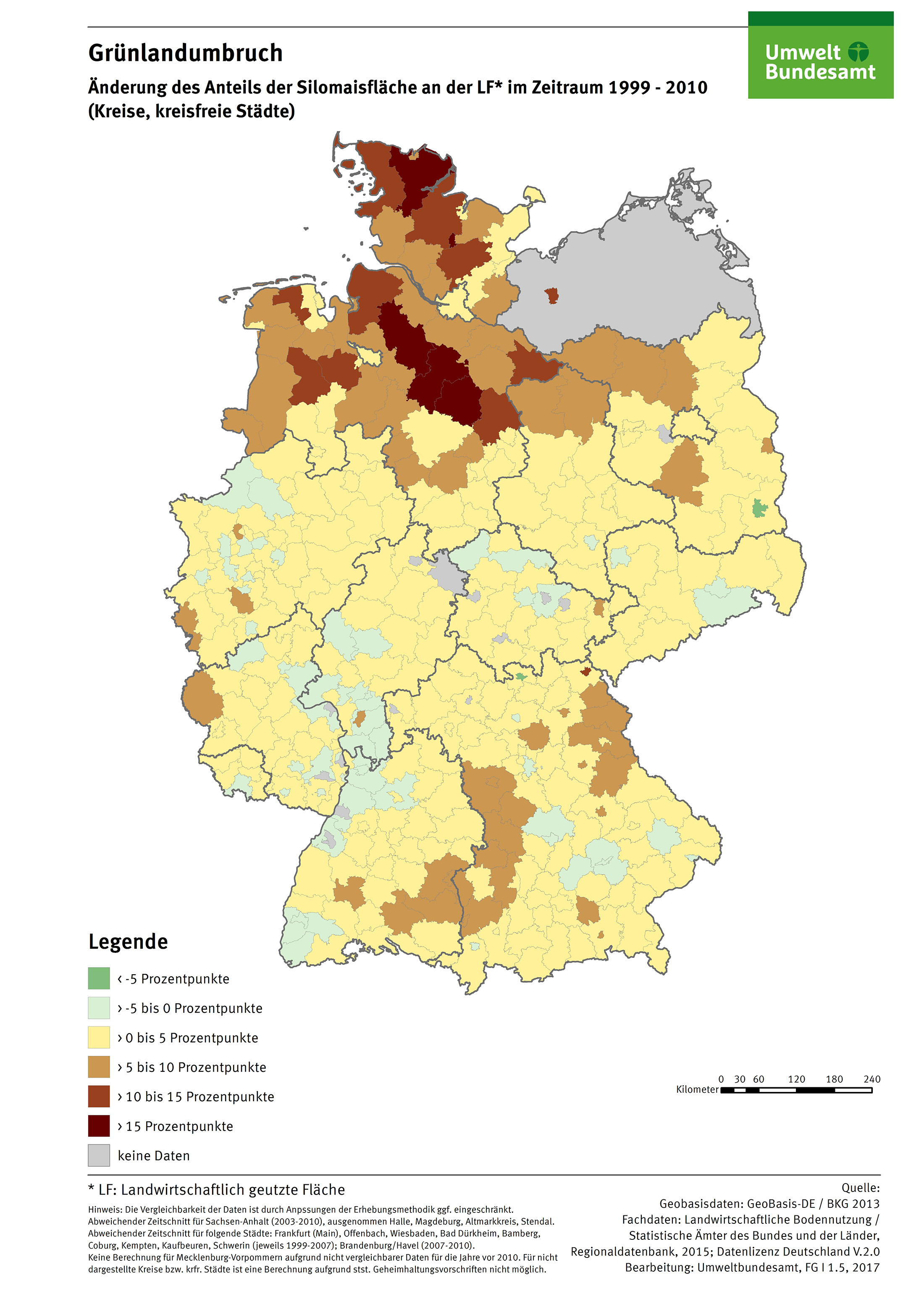 Die Karte zeigt die Änderung des Anteils der Silomaisfläche an der landwirtschaftlich genutzten Fläche im Zeitraum 1999-2010 auf Landkreisebene. Die größten Zuwächse der Maisanbaufläche traten im nordöstlichen Teil Deutschlands auf.
