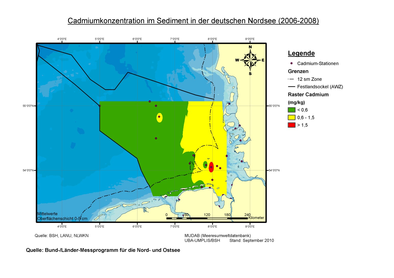 Überwiegend wurde zwischen 2006 und 2008 in einem Kilogramm Sediment (Trockengewicht) zwischen 0,6 und 1,5 Milligramm Cadmium gemessen. Zum Vergleich: Die natürliche Konzentration von Cadmium liegt bei 0,2 Milligramm pro Kilogramm Sediment (Trockengewicht