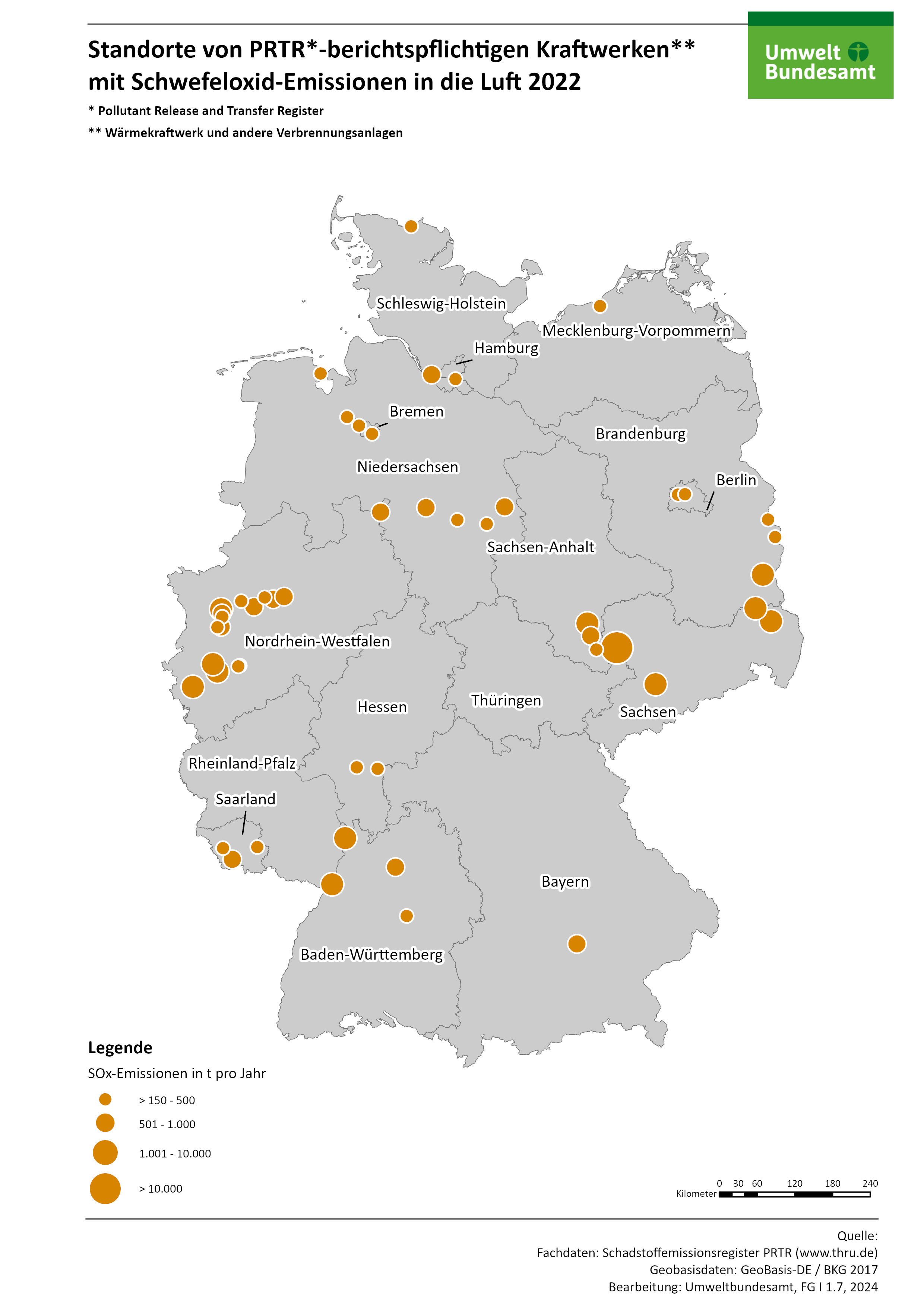 Die Karte zeigt die räumliche Verteilung der PRTR-berichtspflichtigen Wärmekraftwerke und anderen Verbrennungsanlagen unter Angabe der jeweiligen Schwefeloxid-Emissionsmengen in die Luft für das Berichtsjahr 2022.