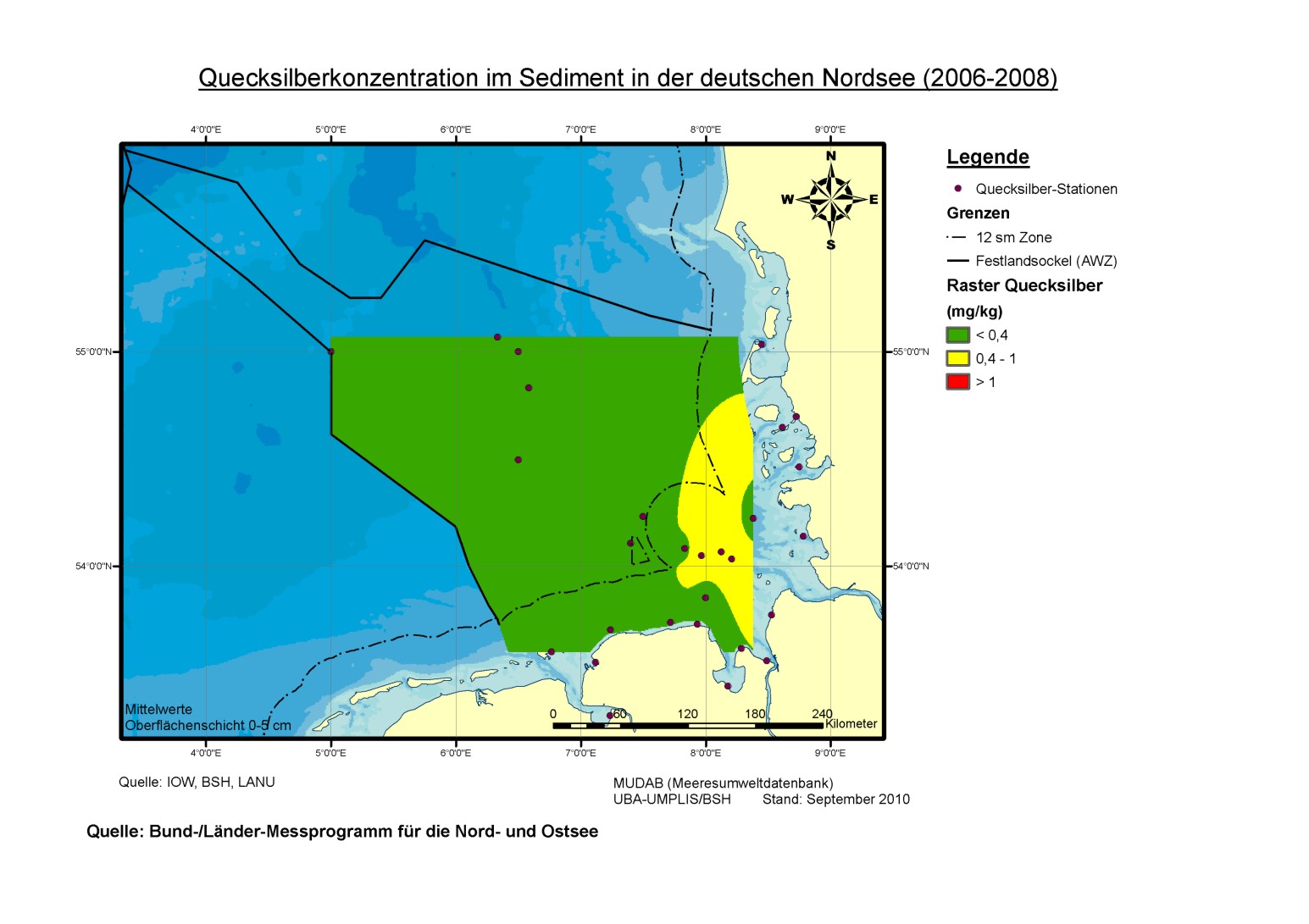 Vor allem in der Elbe-Abflussfahne waren die Quecksilbergehalte mit mehr als 0,4 Milligramm pro Kilogramm Sediment (Trockengewicht) erhöht. Die natürliche Konzentration von Quecksilber liegt hingegen bei 0,05 Milligramm pro Kilo Sediment (Trockengewicht).