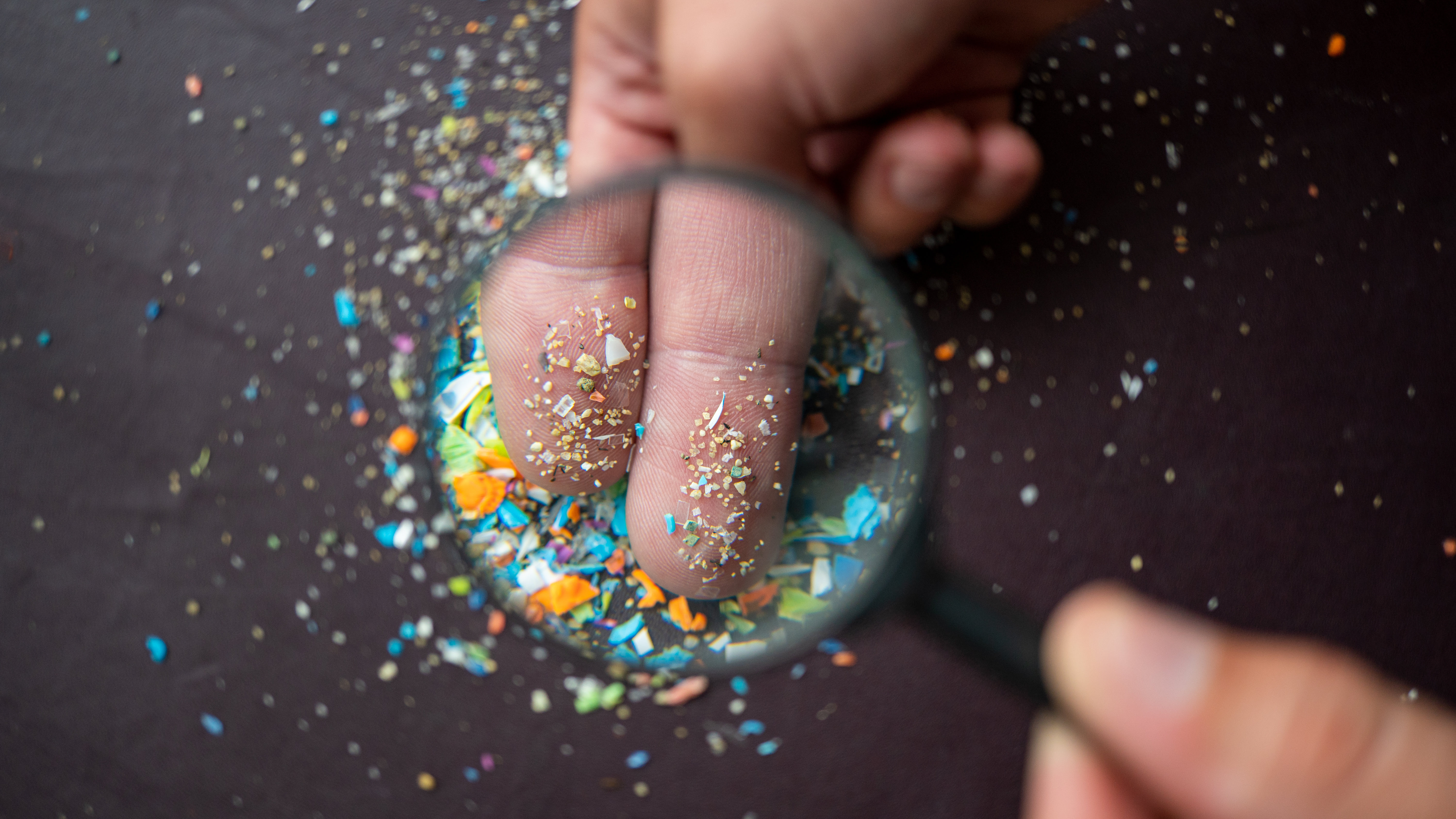 Blick durch eine Lupe auf kleine bunte Mikroplastikteile, die auf zwei Fingern gehalten werden.