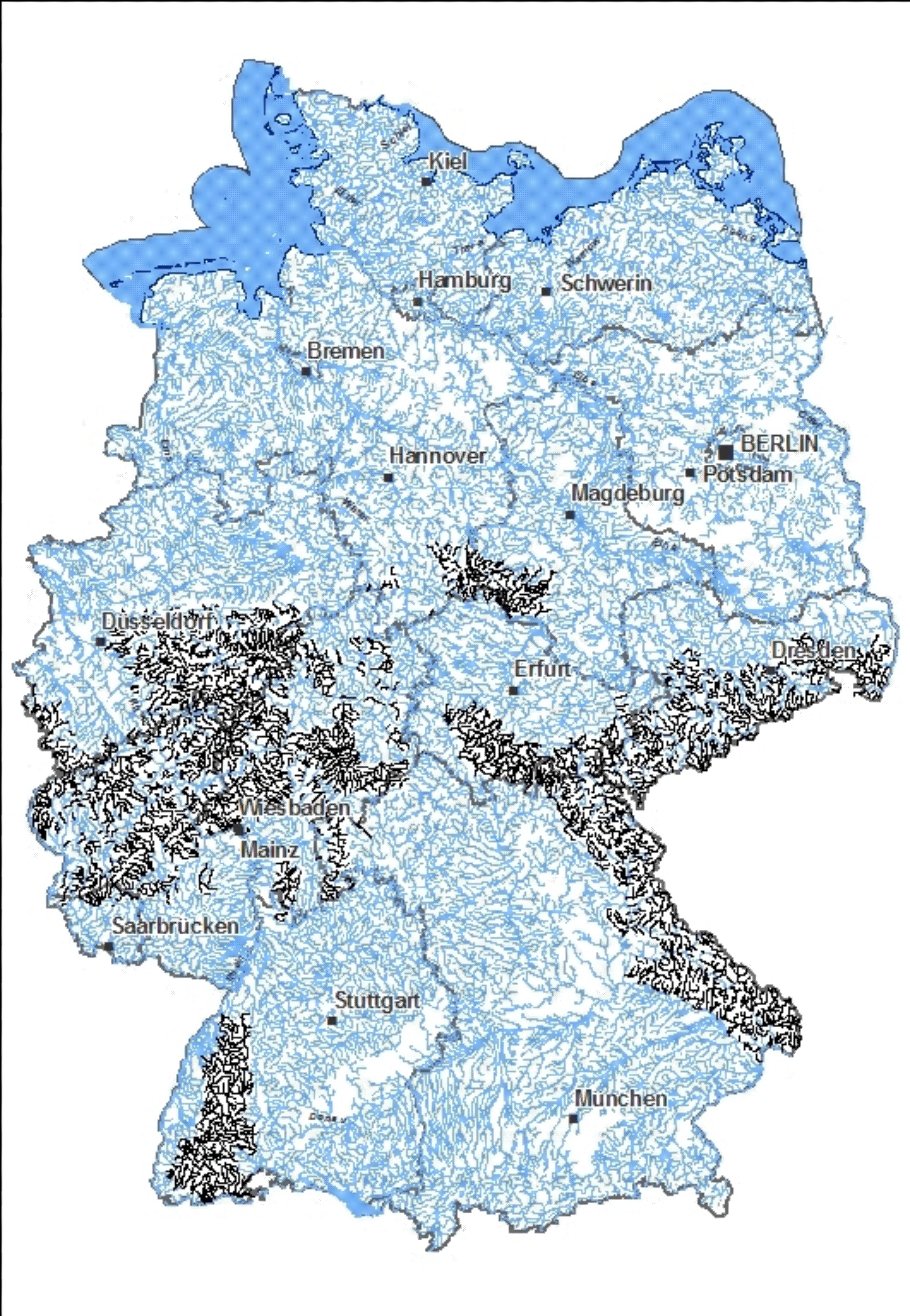 Schematische Karte von Deutschland, die alle Fließgewässer zeigt und in schwarz den Gewässertyp des Jahres 2011 zeigt