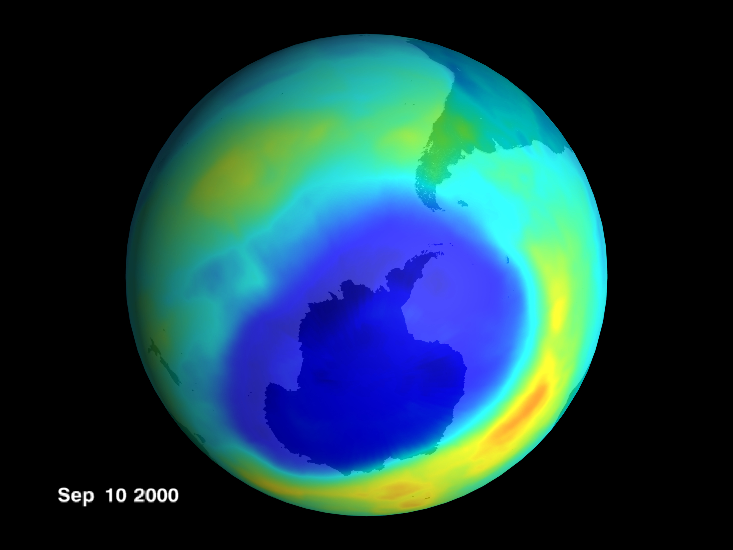 Bild der Erde von der NASA, dass die Ozonschicht anzeigt und in dunkelblau ein Loch der Ozonschicht über der Antarktis.