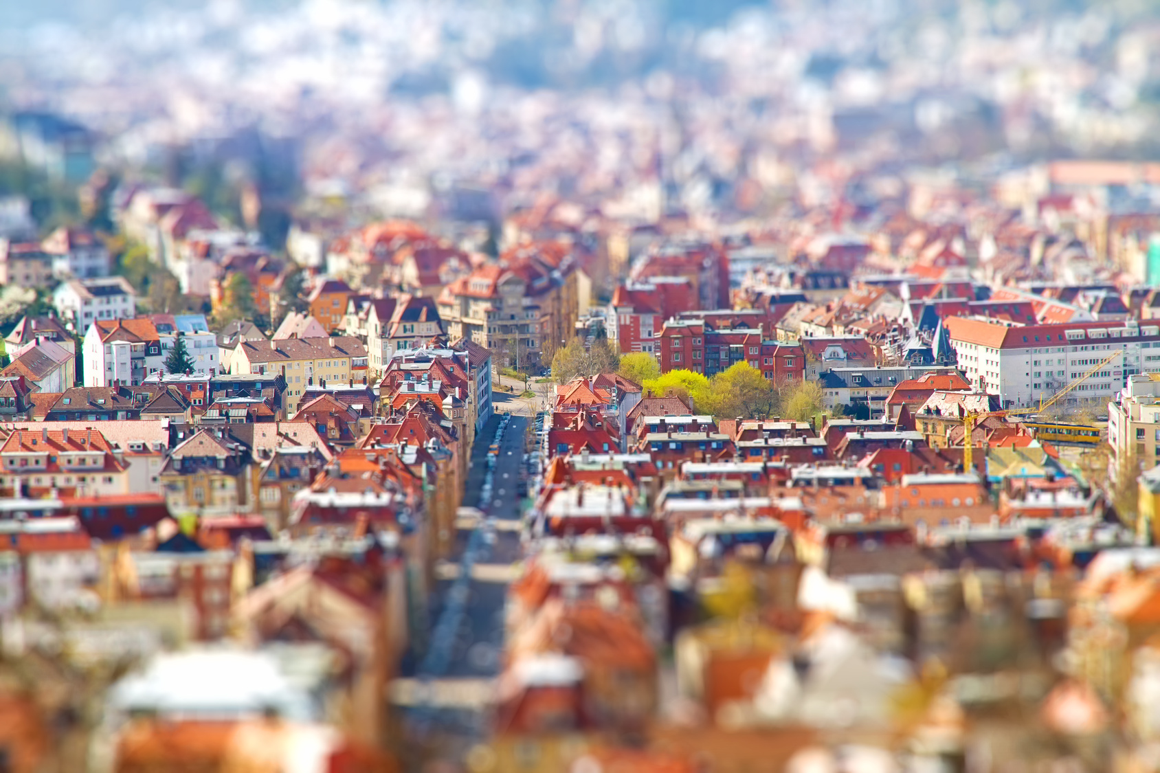 A city with red buildings from above