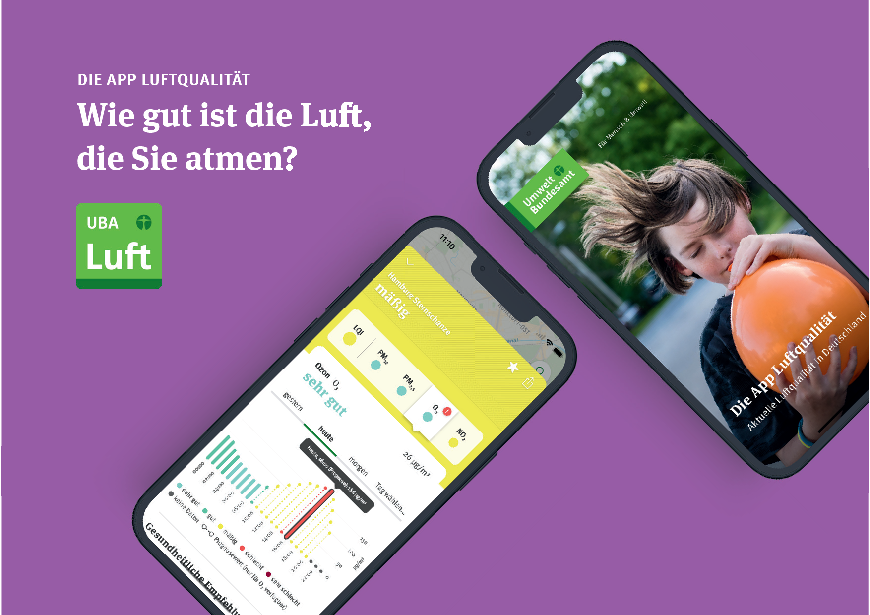 Zwei Smartphones auf lila-farbenem Hintergrund. Aufschrift: Wie gut ist die Luft, die sie atmen?