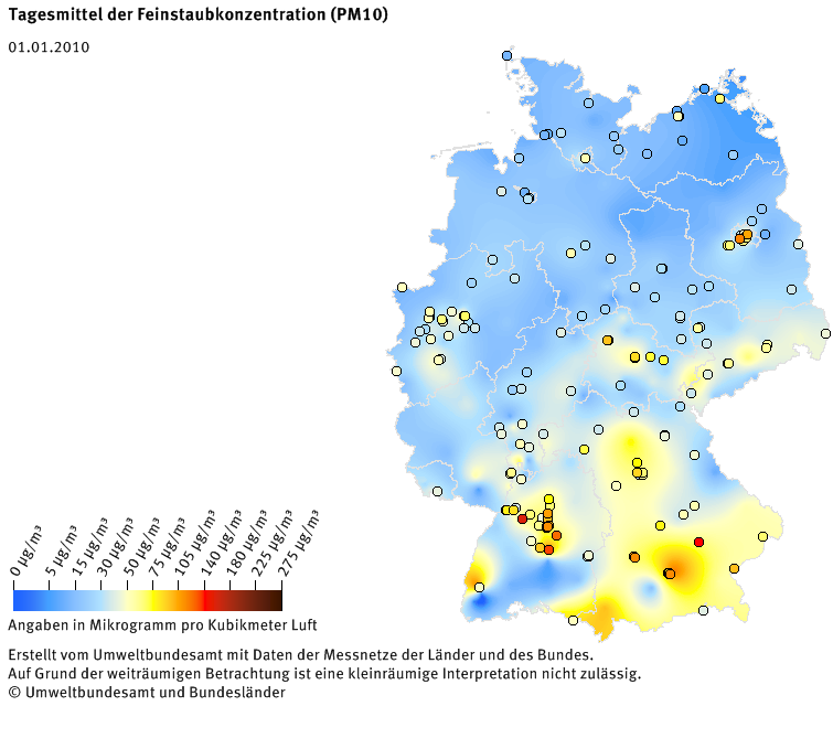 Tagesmittel der Feinstaubkonzentration (PM10) - Neujahr 2010