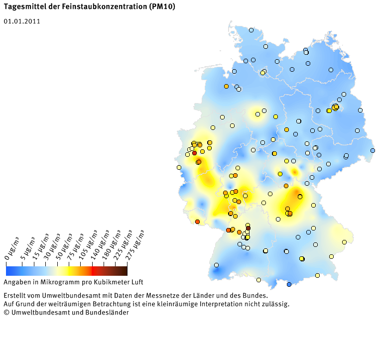 Tagesmittel der Feinstaubkonzentration (PM10) - Neujahr 2011