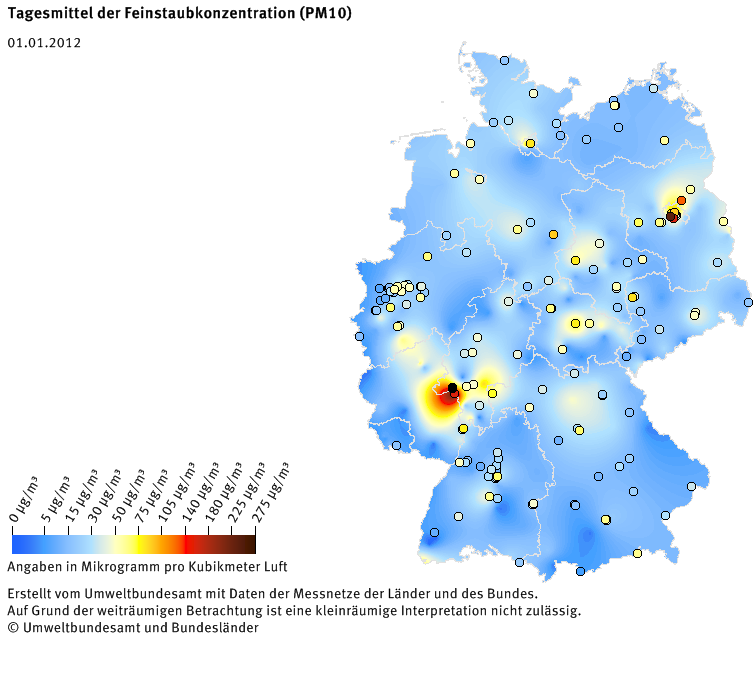 Tagesmittel der Feinstaubkonzentration (PM10) - Neujahr 2012