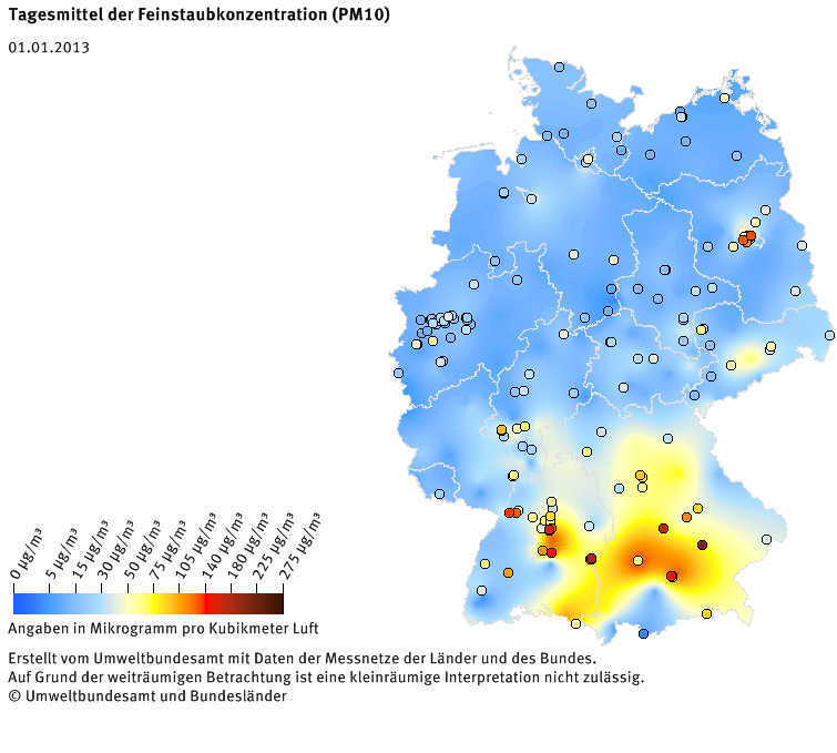 Tagesmittel der Feinstaubkonzentration (PM10) - Neujahr 2013