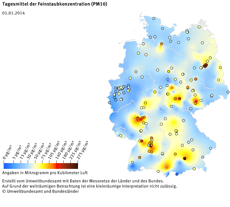 Tagesmittel der Feinstaubkonzentration (PM10) - Neujahr 2014