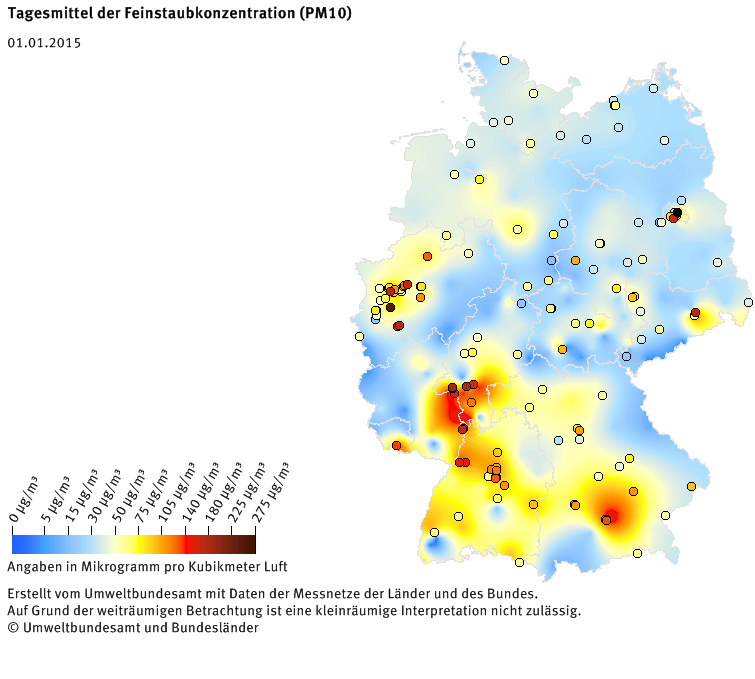 Tagesmittel der Feinstaubkonzentration (PM10) - Neujahr 2015