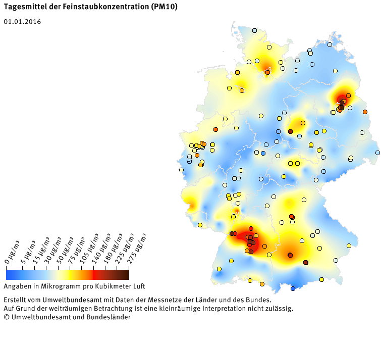 Tagesmittel der Feinstaubkonzentration (PM10) - Neujahr 2016