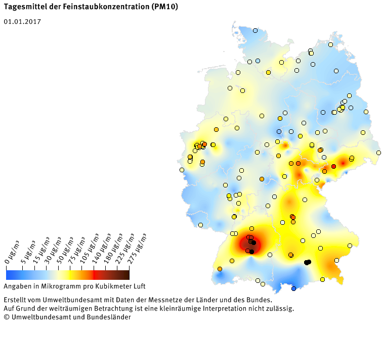 Tagesmittel der Feinstaubkonzentration (PM10) - Neujahr 2017