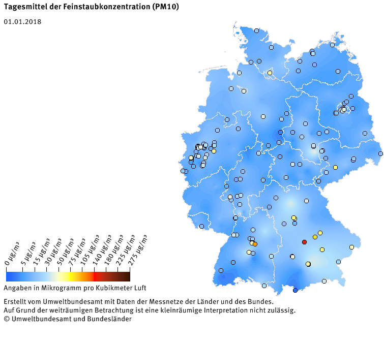 Tagesmittel der Feinstaubkonzentration (PM10) - Neujahr 2018