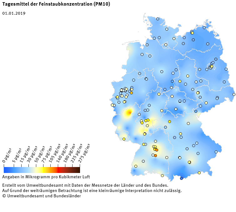 Tagesmittel der Feinstaubkonzentration (PM10) - Neujahr 2019