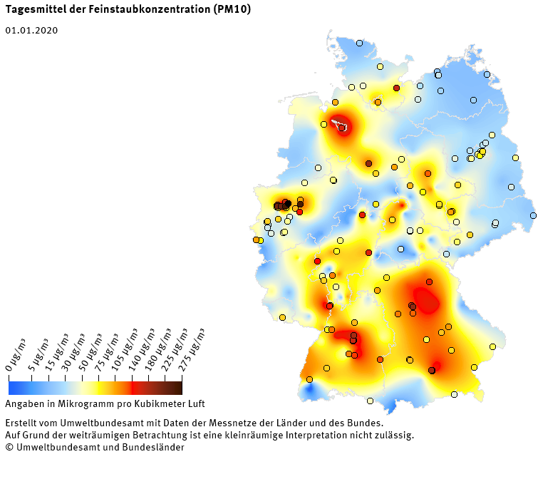 Tagesmittel der Feinstaubkonzentration (PM10) - Neujahr 2020