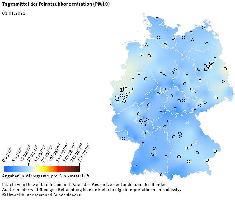 Tagesmittel der Feinstaubkonzentration (PM10) - Neujahr 2021