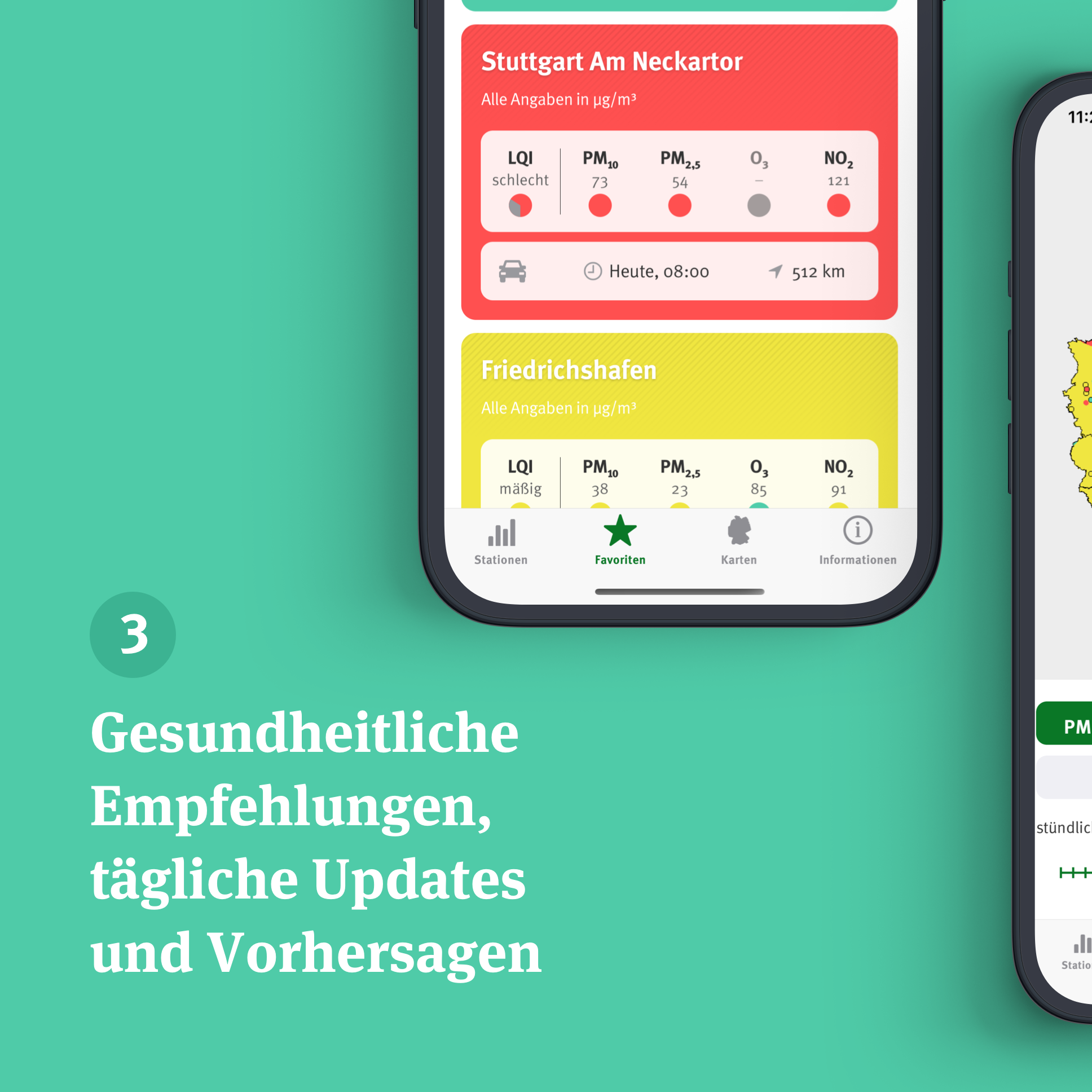 Das Bild zeigt die App Luftqualität und beispielhaft den LQI an verschiedenen Stationen.