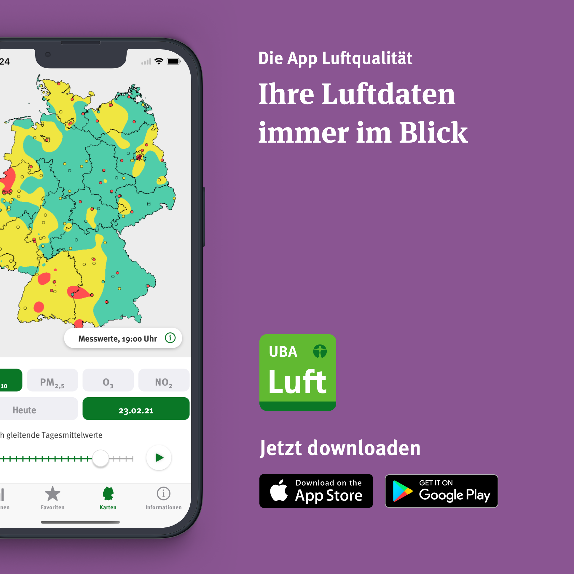 Das Bild zeigt die App Luftqualität und beispielhaft eine deutschlandweite Karte für PM10.