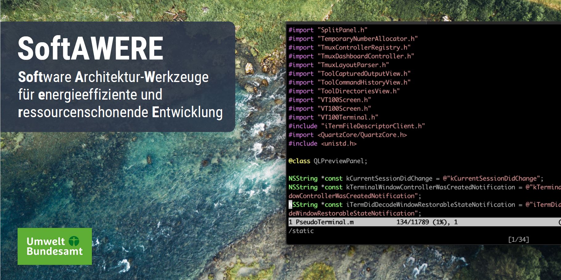 Programmcode im Programmierfenster vor Flusslauf und neben SoftAWERE-Logo