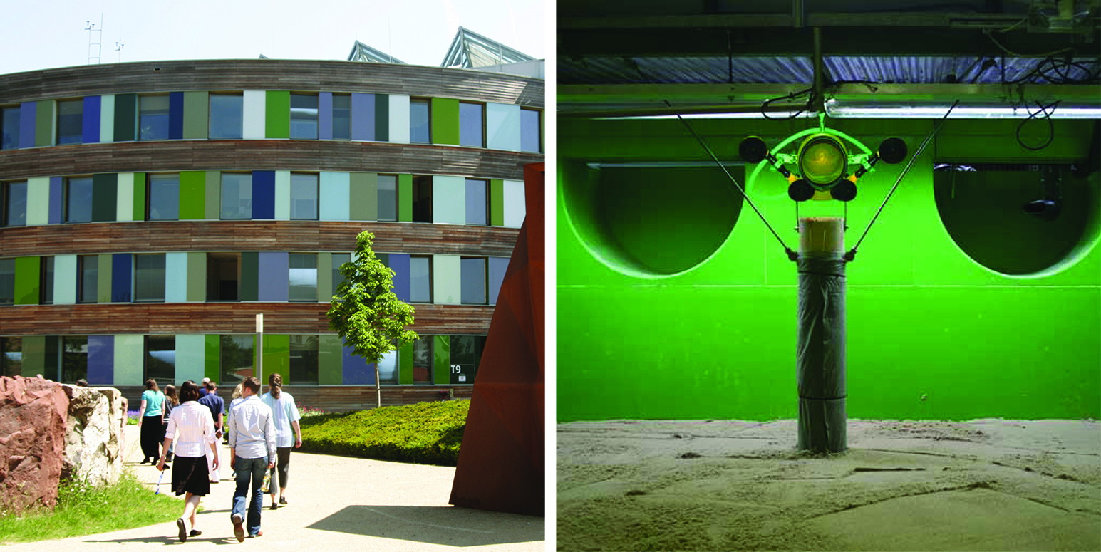 Zwei Bilder zeigen das UBA-Dienstgebäude in Dessau und ein Filmstill aus der Fließgewässersimulationsanlage