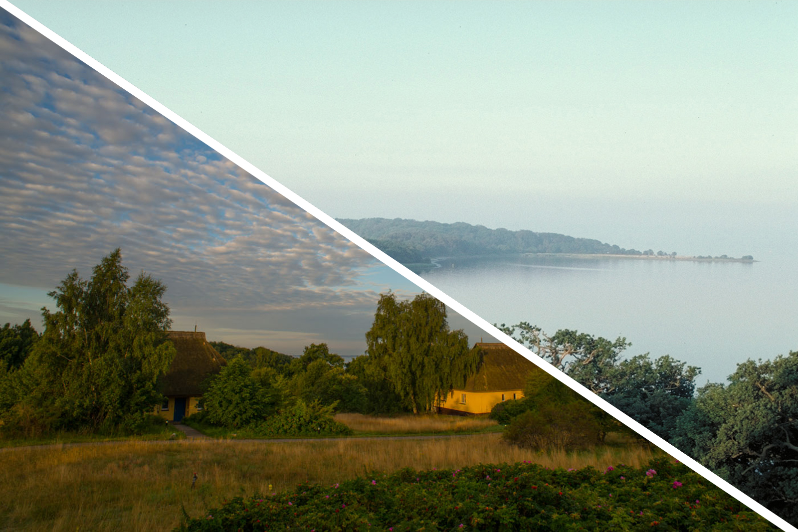 Zwei Fotos in einer Collage: Küste von Vilm und kleines Landstück mit Häusern