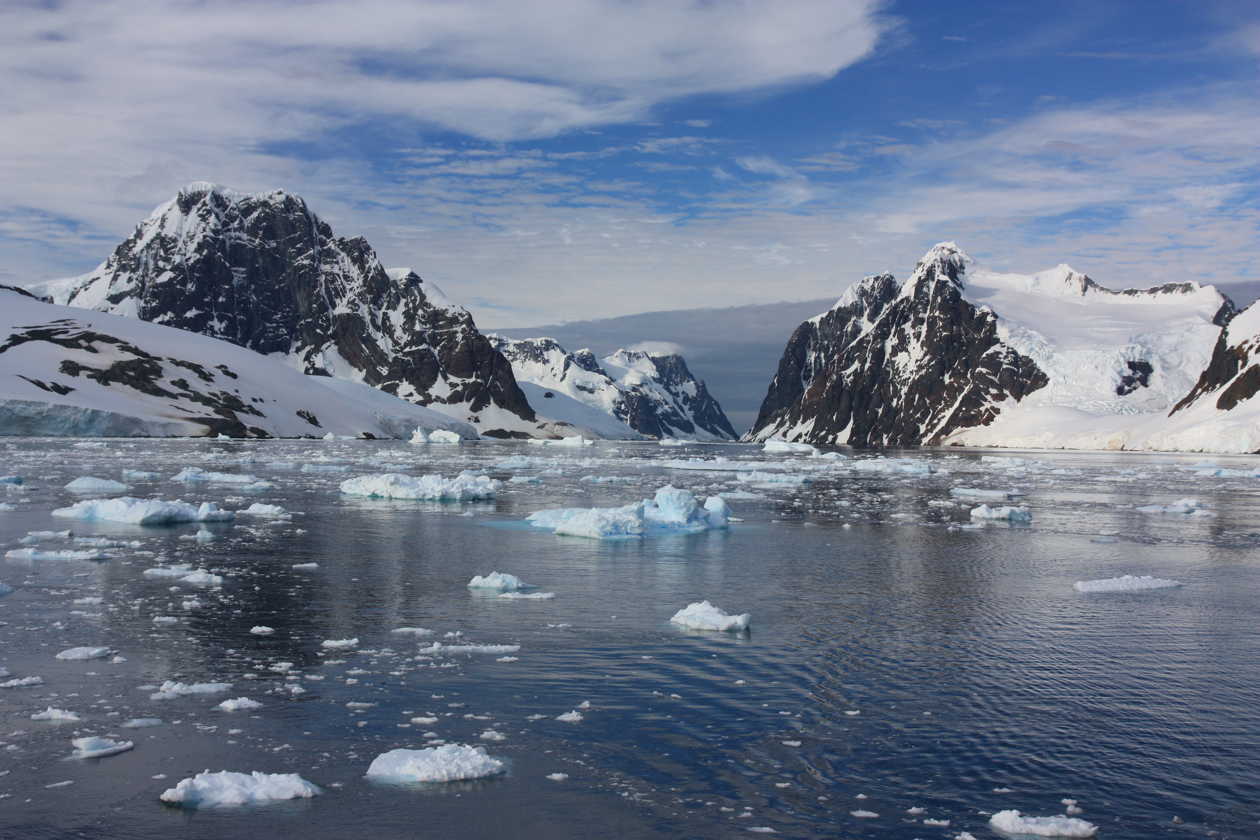 Das Bild zeigt eine Bucht in der Antarktis. Auf dem dunklen Wasser schwimmen Eisschollen. Im Hintergrund begrenzen Berge die Bucht. 