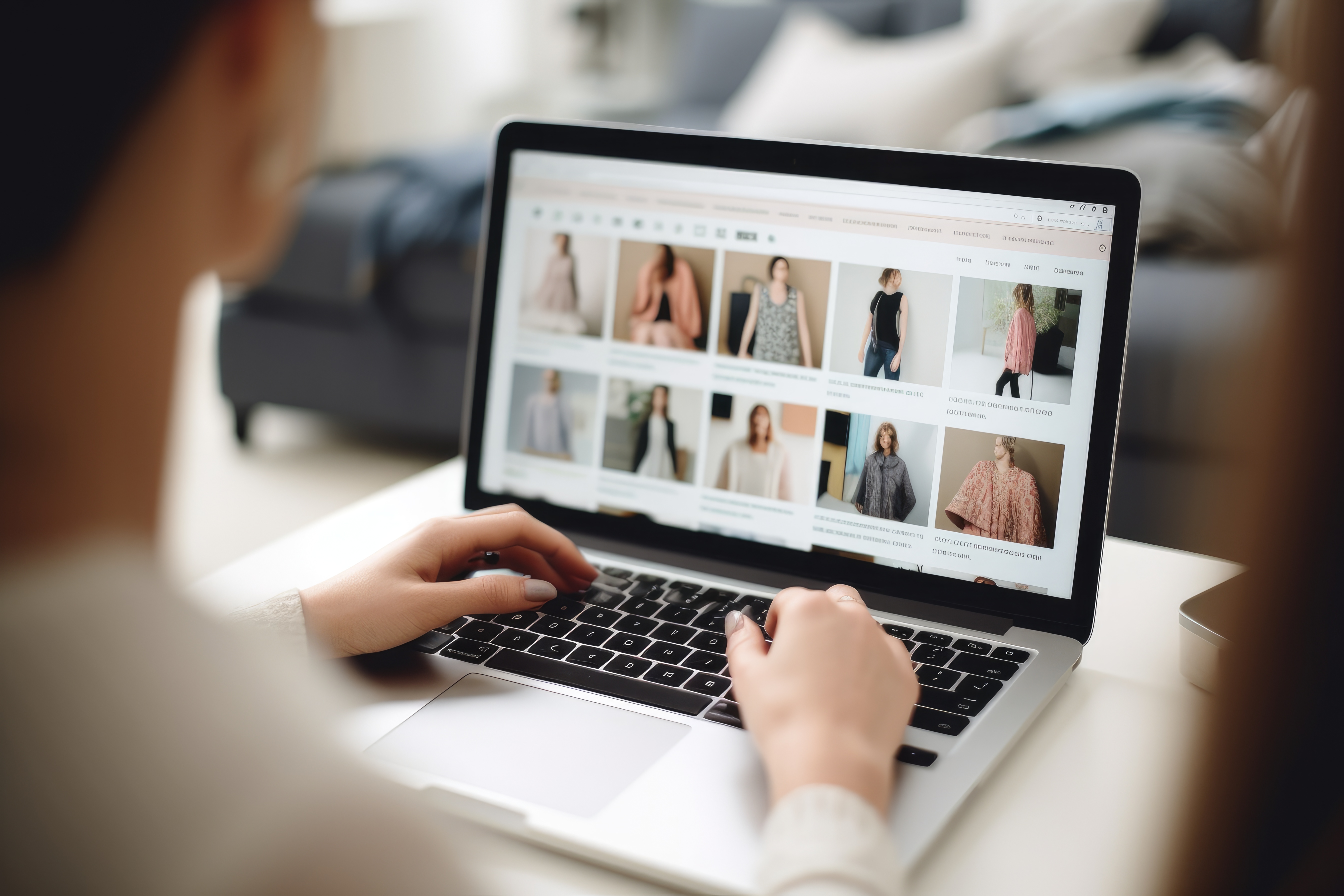 Eine Person guckt auf eine Website im Laptop, auf der Kleidung zum Kauf angeboten wird