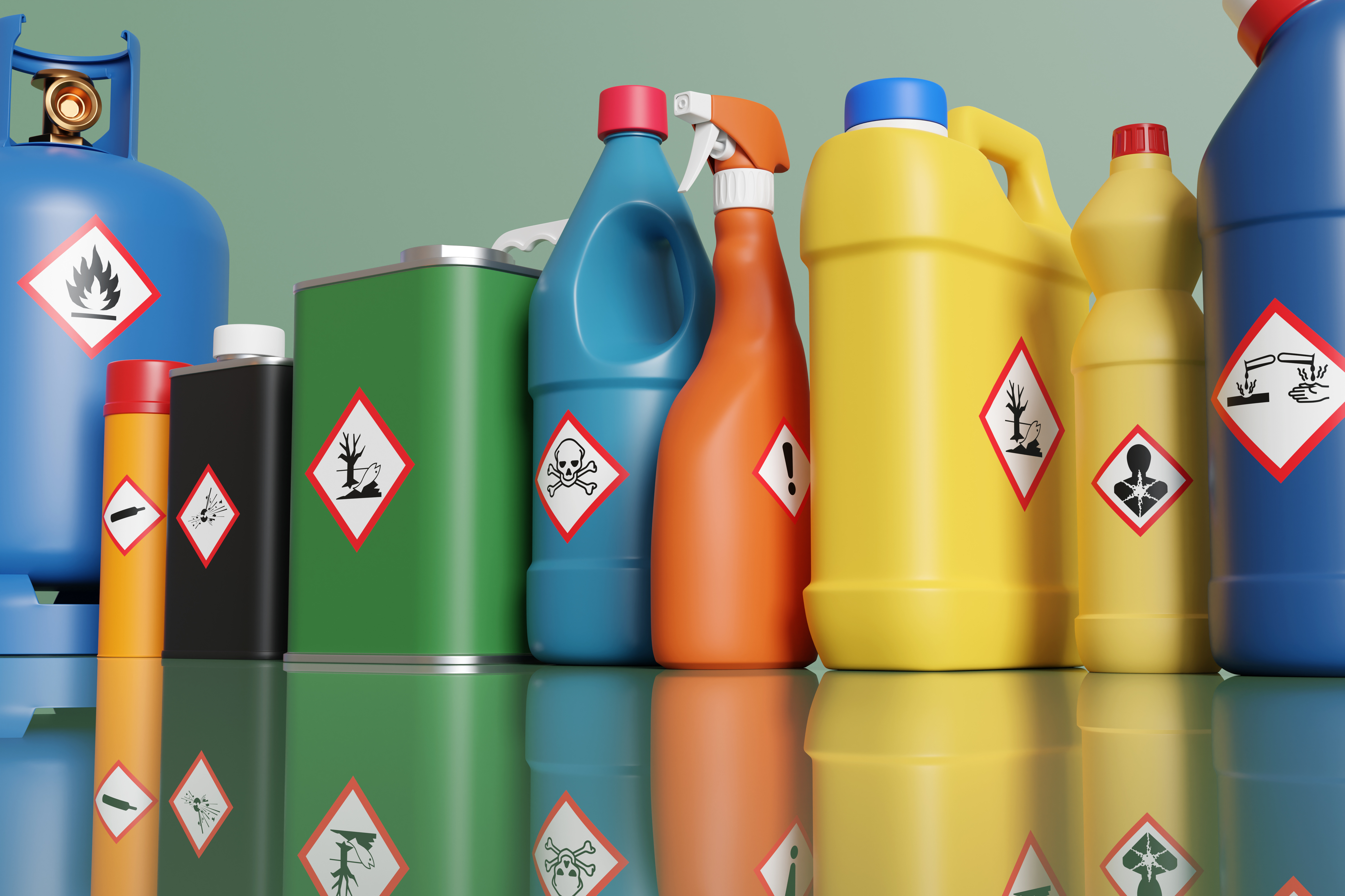 Ein Bild zeigt eine Reihe an Plastikflaschen und Metalldosen mit unterschiedlichen Warnhinweise