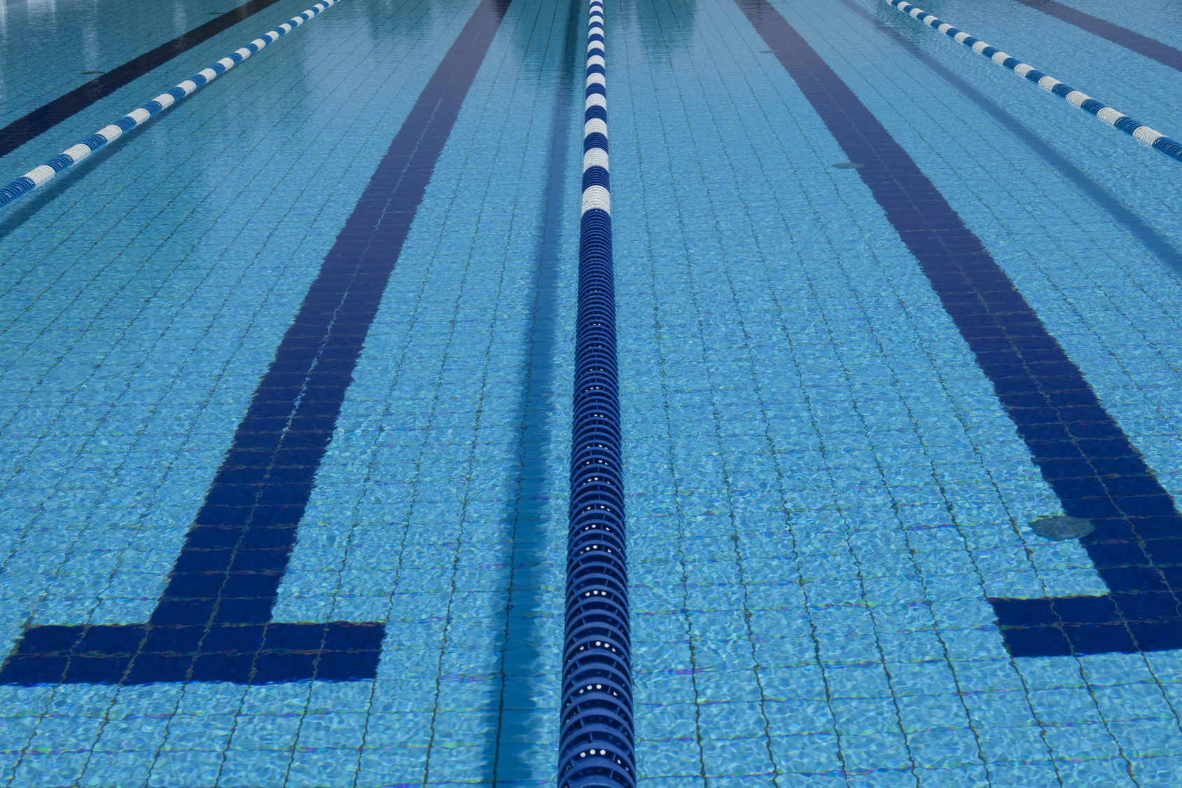 Das Wasserbecken eines Schwimmbades, wo die Bahnen durch schwimmende Abgrenzungen voneinander abgetrennt sind. Nahaufnahme