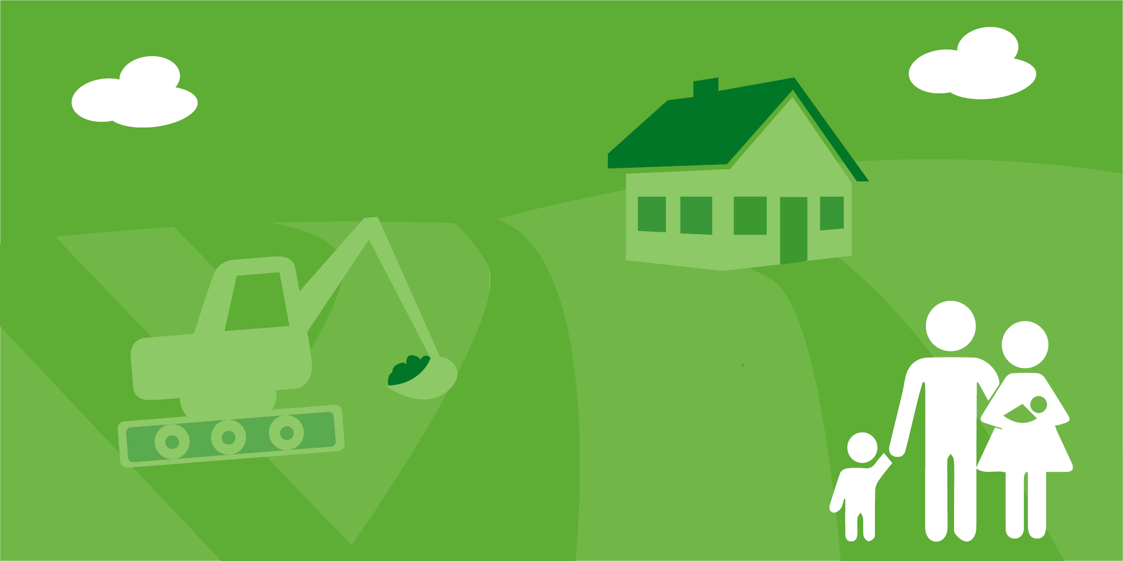 Die Infografik zeigt einen Bagger, ein Wohnhaus und eine Familie. Durch klick aufs Bild gelangen Sie zum interaktiven Atlas zum Thema Bauen Wohnen Haushalte.