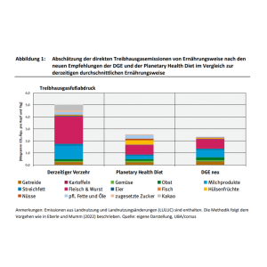 Balkendiagramm zum Treibhausgas-Fußabdruck (in kg CO₂-Äqu./Kopf/Tag) von drei Ernährungsweisen (derzeitiger Verzehr, Planetary Health Diet, DGE neu), unterteilt nach Lebensmittelgruppen. Der derzeitige Verzehr hat den höchsten Fußabdruck.