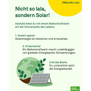 Infografik zu Balkonkraftwerken mit den Vorteilen: Kosten sparen, krisensicher, Energiewende unterstützen