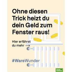 Slogan: Ohne diesen Trick heizt du dein Geld zum Fenster raus! Illustration von Heizkörper und Geldstücken am Fenster. UBA-Logo.