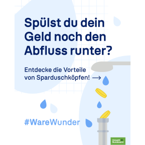 Slogan: Spülst du dein Geld den Abfluss runter? Verweist auf Vorteile von Sparduschköpfen. Illustration: Geld fällt in Abfluss. UBA-Logo.