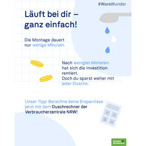 Slogan: Läuft bei dir – ganz einfach! Montage dauert Minuten, Amortisation nach wenigen Monaten. Tipp: Duschrechner nutzen. UBA-Logo.