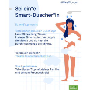 Aufruf: Sei ein Smart-Duscher! Erklärt Test des Duschkopf-Verbrauchs (30 Sek. Eimer-Test) und ruft zum Tauschen auf. UBA-Logo.