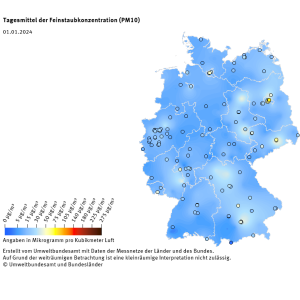Tagesmittel der Feinstaubkonzentration (PM10) - Neujahr 2024