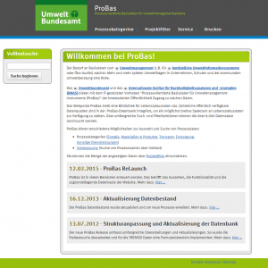 Startseite der Website für prozessoptimierte Basisdaten für Umweltmanagement-Instrumente (Probas)