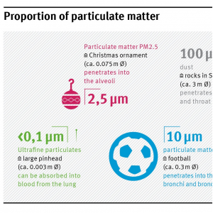 PM2,5 is in relation to other particulates as big as an christmas ornament (ca. 0,075m diameter). PM10 is as big as a football (ca. 0,3 m diameter). Dust is as big as 3-meter rock, Ultrafine particulates as big as a large pinhead