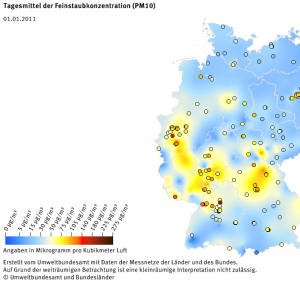 Tagesmittel der Feinstaubkonzentration (PM10) - Neujahr 2011