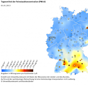 Tagesmittel der Feinstaubkonzentration (PM10) - Neujahr 2013