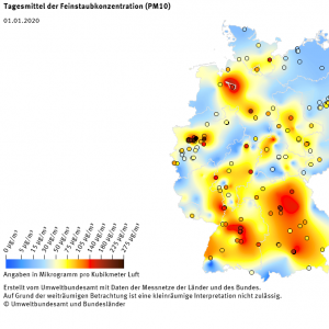 Tagesmittel der Feinstaubkonzentration (PM10) - Neujahr 2020