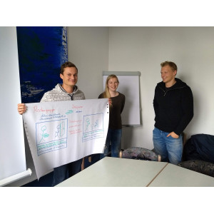 Wettbewerb Blauer Kompass stellt seine Bewerber vor, damit abgestimmt werden kann, welches Projekt gewinnt. Zu sehen drei Personen der OVGU Magdeburg: Präsentation der Gruppenarbeit im Workshop Klimawandel & Gesundheit im Ministerium 